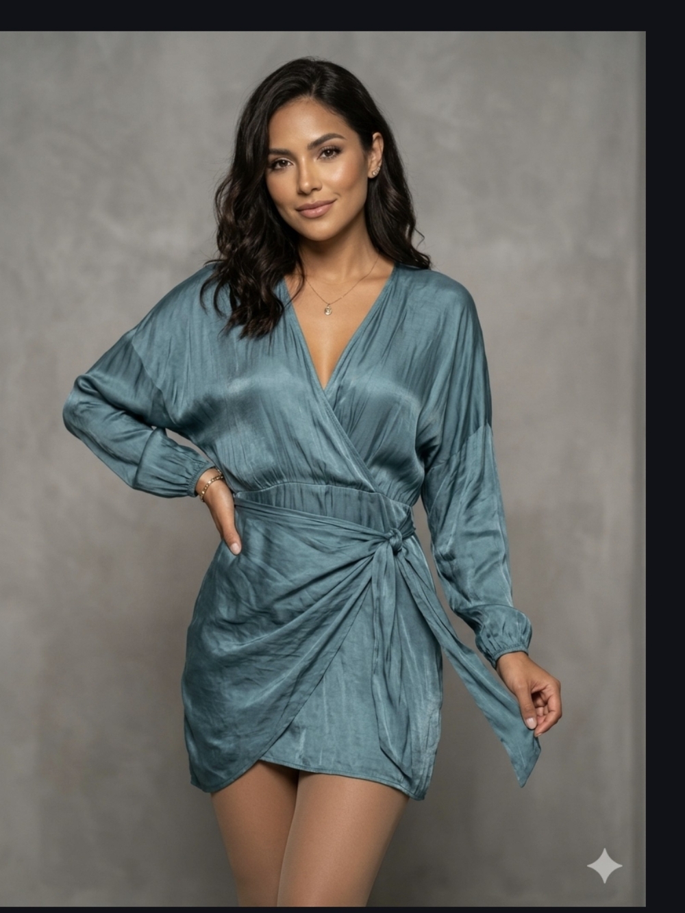 Zara Teal Satin-Look Wrap Mini Dress